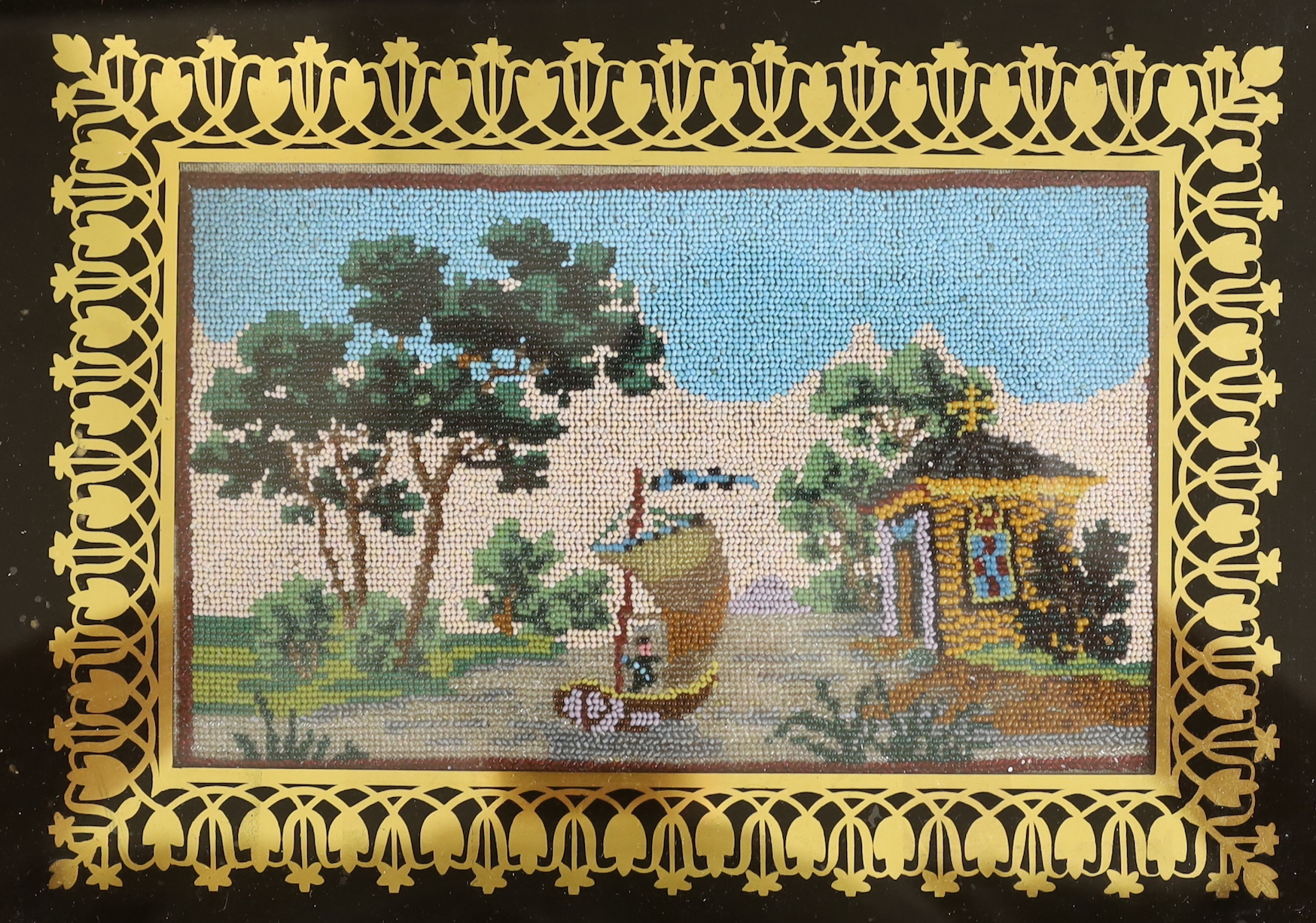 A pair of framed 19th century French beadwork panels, one pastoral scene, the other a boating scene, 19x25cm inside frames